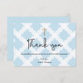 エレガントな青と金のクロス少年初聖体拝領 サンキューカード (正面/裏面)