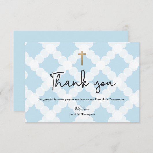 エレガントな青と金のクロス少年初聖体拝領 サンキューカード