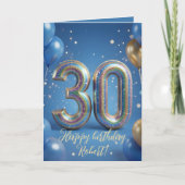エレガントな青と金のスパークルバルーン 30歳の誕生日 カード (正面)