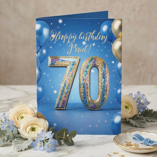 エレガントな青と金のスパークルバルーン 70歳の誕生日 カード