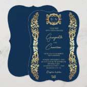 エレガントな青と金のフレーム結婚式招待状 (正面/裏面)