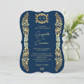 エレガントな青と金のフレーム結婚式招待状 (スタンド正面)
