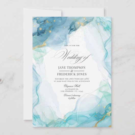 エレガントな青と金のマーブルインクの結婚式 招待状 (正面)