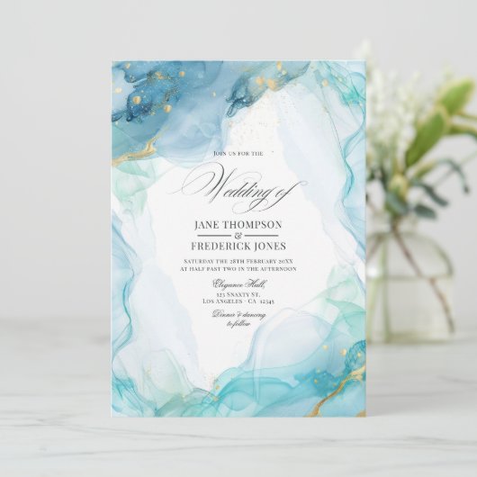エレガントな青と金のマーブルインクの結婚式 招待状 (スタンド正面)