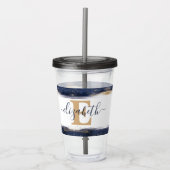 エレガントな青と金の筆致が施された アクリルタンブラー (正面)