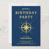 エレガントな青と金の航海用コンパス誕生日 招待状 (正面)