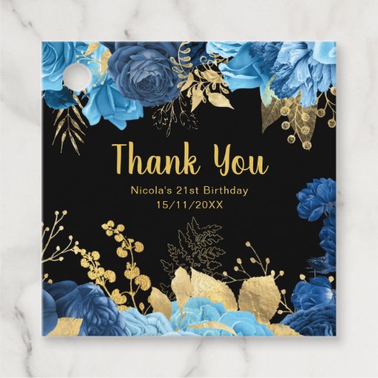 エレガントな青と金の花の誕生日パーティー フェイバータグ (正面)