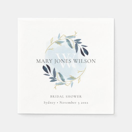 エレガントな青と金の葉のリース ブライダルシャワー スタンダードカクテルナプキン (正面)