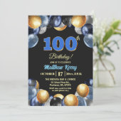 エレガントな青と銀と金の100歳の誕生日パーティー 招待状 (スタンド正面)
