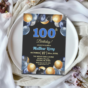 エレガントな青と銀と金の100歳の誕生日パーティー 招待状
