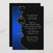 エレガントな青と銀の渦巻き 黒 クリスマスパーティー 招待状 (正面/裏面)