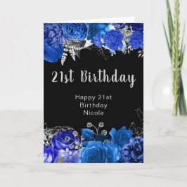 エレガントな青と銀の花 誕生日パーティー カード
