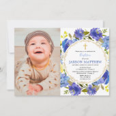 エレガントな青と黄色の洗礼写真招待状 招待状 (正面)