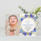 エレガントな青と黄色の洗礼写真招待状 招待状 (スタンド正面)