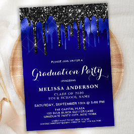 エレガントな青と黒のグリッター ドリップス 卒業パーティー 招待状