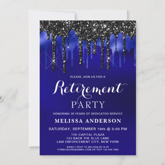 エレガントな青と黒のグリッター ドリップス 退職パーティー 招待状 (正面)