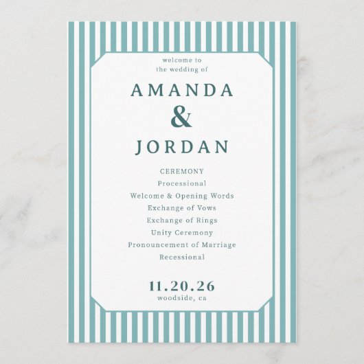 エレガントな青のストライプの結婚式 プログラム (正面)