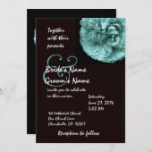 エレガントな青のバラの黒く及び白い結婚式招待状 招待状 (正面/裏面)