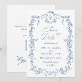 エレガントな青のフランス トワール 花柄 ウェディングQRコード セーブザデート