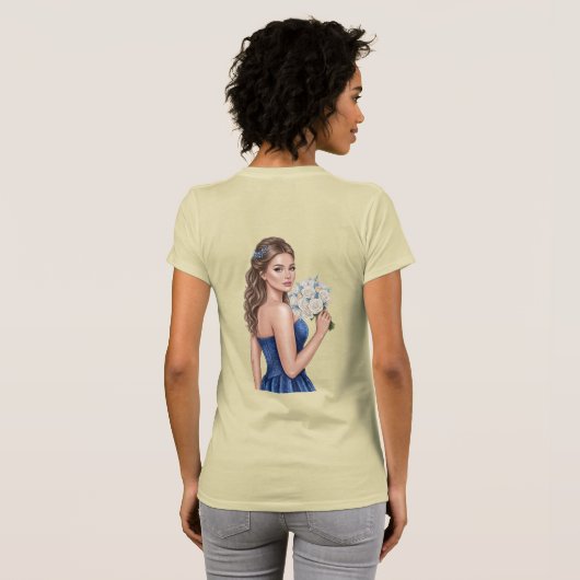 エレガントな青のブライズメイド ポートレート イラスト Tシャツ (裏面フル)