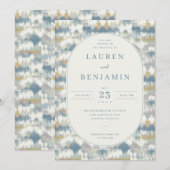 エレガントな青の抽象的な波 招待状 (正面/裏面)