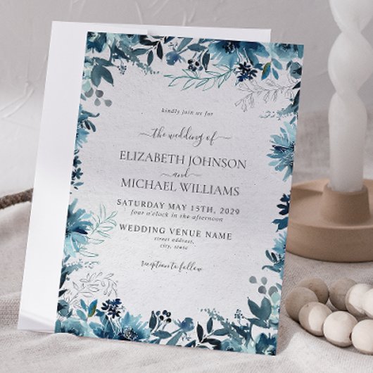 エレガントな青の水彩ボタニカル冬のウェディング 招待状