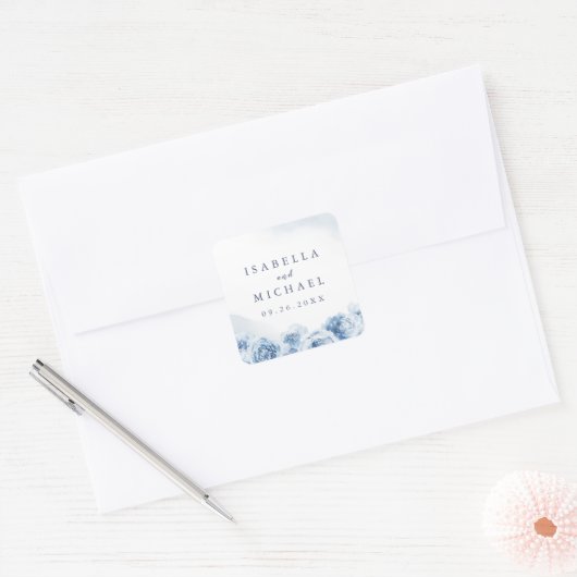 エレガントな青の水彩花のウェディングギフト スクエアシール (封筒)