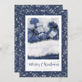 エレガントな青の贈り物 雪 メリークリスマス カード (正面/裏面)
