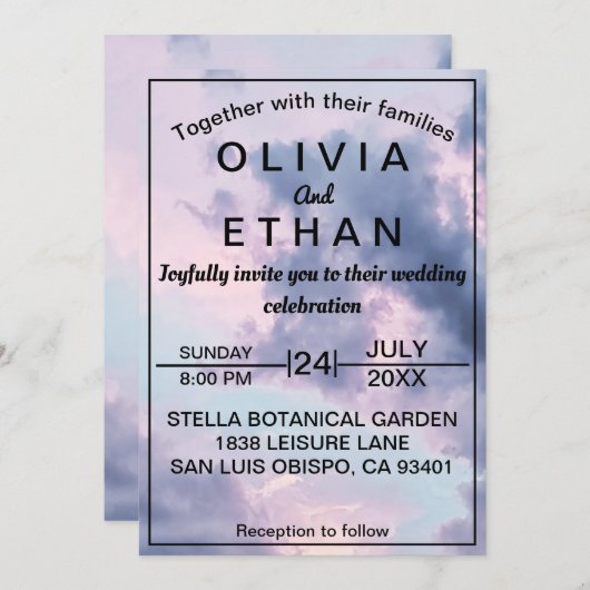 エレガントな青空と雲のロマンチックなウェディング 招待状 (正面/裏面)
