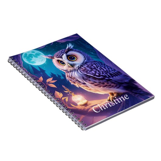 エレガントな青紫の魔法のフクロウのコミックAIアート ノートブック (右側)