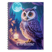 エレガントな青紫の魔法のフクロウのコミックAIアート ノートブック (正面)