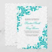 エレガントな青緑のレースと白の花柄ダマスクのウェディング 招待状 (正面/裏面)