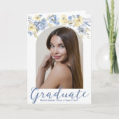 エレガントな青黄色の花の卒業写真 案内状 (正面)