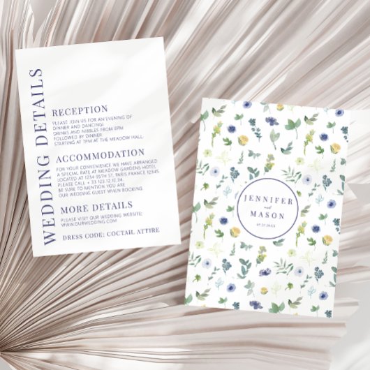 エレガントな青黄色の花の結婚式詳細カード エンクロージャーカード