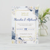 エレガントな青、白、金の花のウェディング招待状 招待状 (スタンド正面)