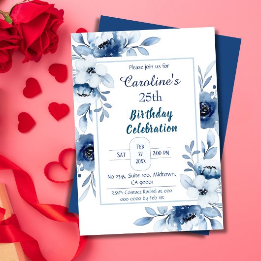 エレガントな青 25歳の誕生日 お花 青のさまざまな色合い 招待状