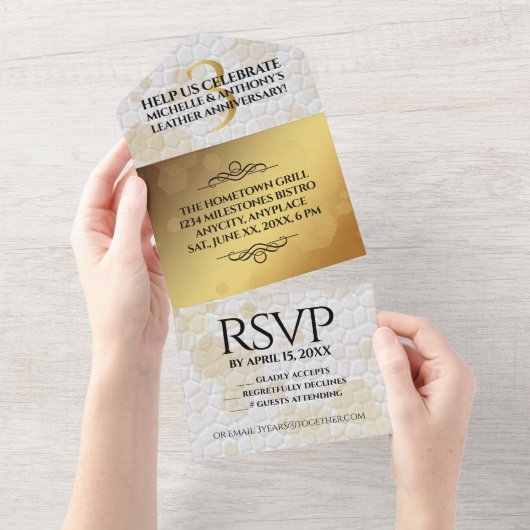エレガントな革の3周年結婚記念日 オールインワン招待状 (貼ってはがせる)