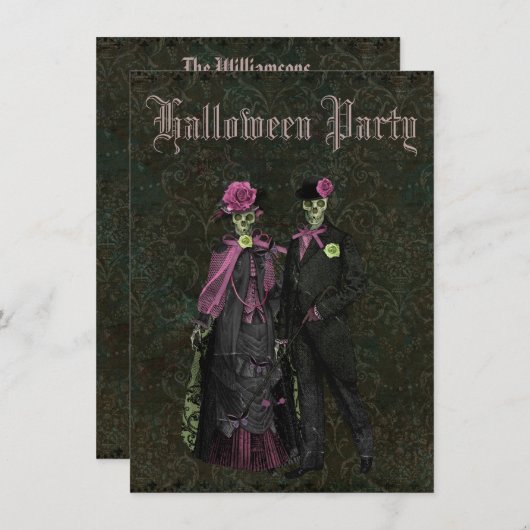エレガントな骨組ぼろぼろのシックなダマスク織ハロウィン 招待状 (正面/裏面)