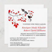 エレガントな鳥の枝の赤と黒の結婚式 招待状 (正面/裏面)