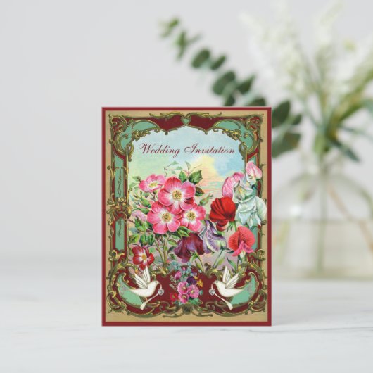 エレガントな鳩及びヴィンテージの花の結婚 招待状 (スタンド正面)