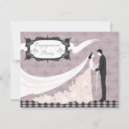 エレガントな鳩、花嫁及び新郎のベクトル婚約 招待状 (正面)