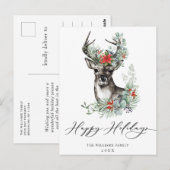 エレガントな鹿とポインセチアのクリスマスグリーティングカード ポストカード (正面/裏面)