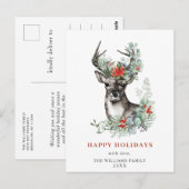 エレガントな鹿とポインセチアのクリスマスグリーティングカード ポストカード (正面/裏面)