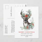 エレガントな鹿とポインセチアのクリスマスグリーティングカード ポストカード (正面/裏面)