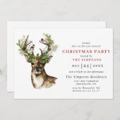 エレガントな鹿とポインセチアのクリスマス ホリデーパーティー 招待状 (正面/裏面)