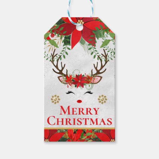エレガントな鹿のシカ  ポインセチア  メリークリスマス ギフトタグ (正面)