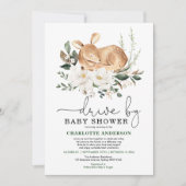 エレガントな鹿の象牙の花のドライブバイ ベビーシャワー 招待状 (正面)