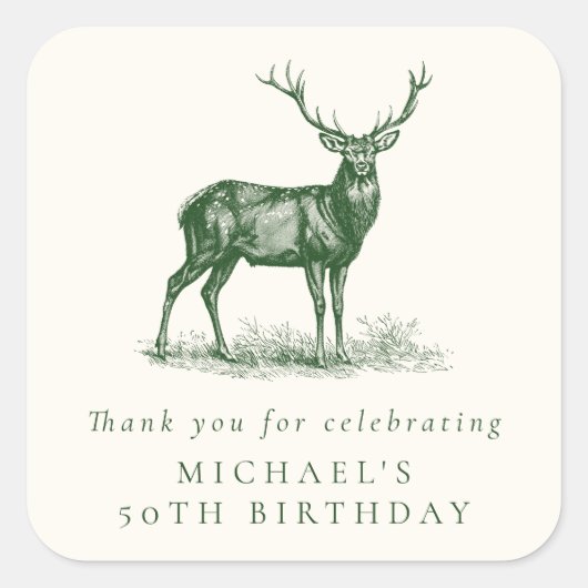 エレガントな鹿狩りのグリーンの誕生日お礼 スクエアシール (正面)