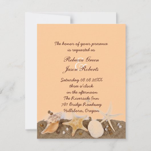 エレガントな麻の布と海洋の貝殻を使ったビーチウェディング 招待状 (裏面)