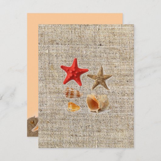 エレガントな麻の布と海洋の貝殻を使ったビーチウェディング 招待状 (正面/裏面)